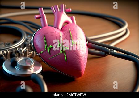 Stetoscopio, cardiogramma verde e cuore rosso isolato su sfondo di legno. Concetto di salute cardiovascolare Foto Stock