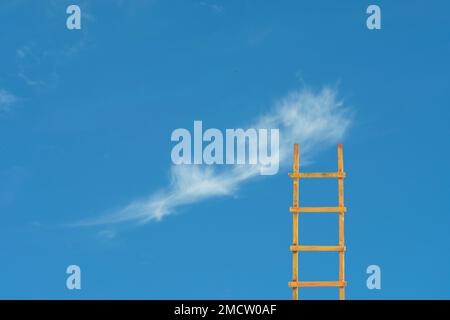 Sviluppo della visione aziendale e concetto di idea. Scala di successo che porta a una nuvola nel cielo blu.grande spazio di copia Foto Stock