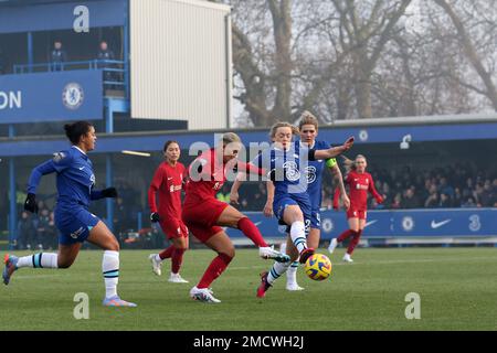 Londra, Regno Unito. 22nd Jan, 2023. Londra, 22nd 2023 gennaio: Shanice van de Sanden (19 Liverpool) ha uno sciopero bloccato da Erin Cuthbert (22 Chelsea) durante il gioco di Barclays fa Womens Super League tra Chelsea e Liverpool a Kingsmeadow, Londra, Inghilterra. (Pedro Soares/SPP) Credit: SPP Sport Press Photo. /Alamy Live News Foto Stock