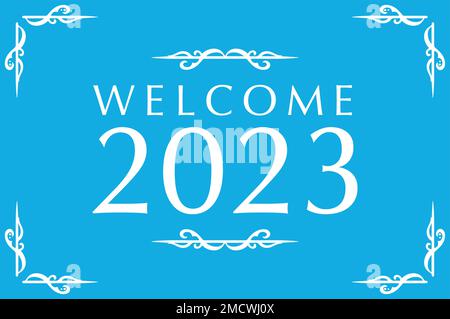 Benvenuti 2023 su sfondo blu, felice anno nuovo 2023, banner design Illustrazione Vettoriale