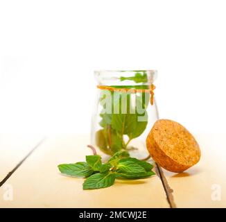Foglie di menta fresca su una vetrata di un rustico tavolo di legno bianco Foto Stock