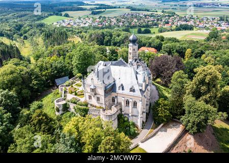 Veduta aerea, Castello di Callenberg, rifugio di caccia e palazzo estivo dei Duchi di Sassonia-Coburg e Gotha, Coburg, alta Franconia, Baviera, Germania Foto Stock