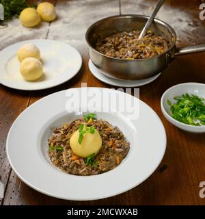 Gulasch con finferli (Cantharellus cibarius) e gnocchi di pasta di patate con una piccola insalata e pentola Foto Stock