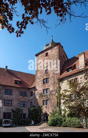 Castello medievale con torre residenziale, hotel e museo del castello, centro storico, Schlitz, Vogelsberg, Assia, Germania Foto Stock