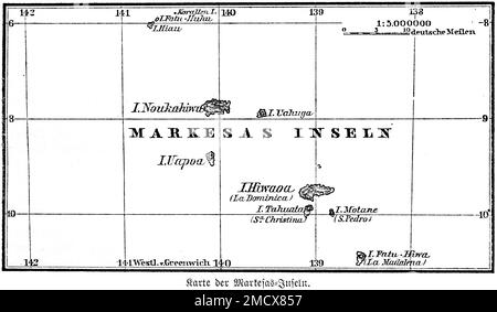 Mappa, Markesas, Isole Marquesas, Pacifico, Polinesia Orientale, Griglia dei gradi, miglia tedesche, illustrazione storica 1885, Polinesia francese Foto Stock