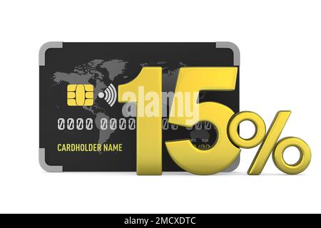 carta di credito e 15% su sfondo bianco. Illustrazione 3D isolata Foto Stock