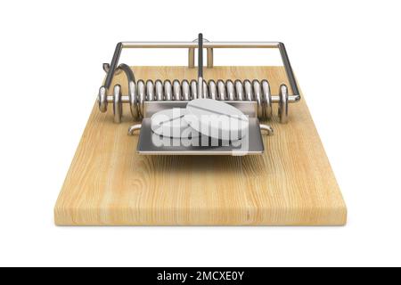 mousetrap e compresse su sfondo bianco. Illustrazione 3D isolata Foto Stock