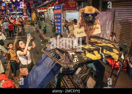 Manila, Filippine. 22nd Jan, 2023. Una donna scatta una foto di cani che indossano occhiali da sole durante la celebrazione del Capodanno lunare del coniglio. La gente celebra nuovamente il tradizionale Capodanno lunare a Chinatown a Manila dopo un periodo di due anni di pausa a causa della pandemia del Covid-19. Credit: SOPA Images Limited/Alamy Live News Foto Stock