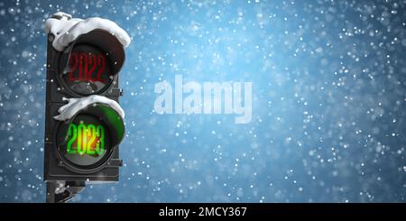 Felice anno nuovo 2023. Semaforo con luce verde 2023 e luce rossa 2022 su sfondo cielo. illustrazione 3d Foto Stock