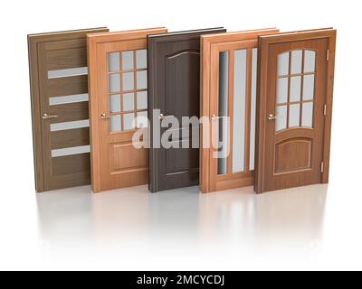 Porte in fila in diversi materiali, colori e design. illustrazione 3d Foto Stock