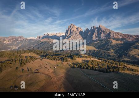 Veduta aerea dei paesaggi autunnali del prato dell'Alpe di Siusi, Dolomiti, Italia Foto Stock