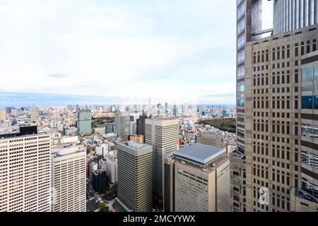 Vista dalla Tokyo Metropolitan edificio torre nord observation deck di sud-est di Tokyo con la KDDI e edifici di Yoyogi. Coperto. Lo spazio negativo. Foto Stock