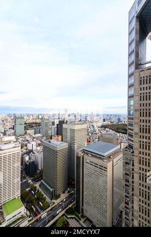 Vista dalla Tokyo Metropolitan edificio torre nord observation deck di sud-est di Tokyo con la KDDI e edifici di Yoyogi. Coperto. Lo spazio negativo. Foto Stock