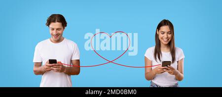 Giovane coppia Texting su smartphone connessi con disegnata Red Heart Shape String Foto Stock