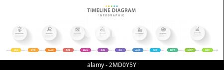 Modello infografico per le aziende. 12 mesi Calendario con diagramma cronologico moderno con argomenti a cerchio, infografica vettoriale di presentazione. Illustrazione Vettoriale