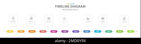 Modello infografico per le aziende. 12 mesi moderno calendario con diagrammi di timeline con argomenti rettangolari, infografica vettoriale di presentazione. Illustrazione Vettoriale