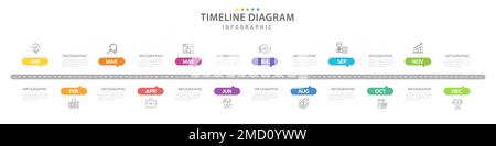 Modello infografico per le aziende. 12 mesi Calendario con diagramma cronologico moderno con icona e argomenti, infografica vettoriale di presentazione. Illustrazione Vettoriale