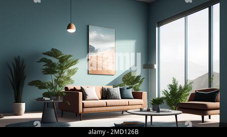 Moderno appartamento accogliente con enormi finestre, divano marrone beige e pianta. Parete blu e poster. Foto Stock