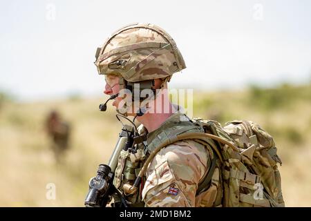 BABADAG TRAINING AREA, Romania-- un Airman assegnato al Regno Unito 140th Expeditionary Air Wing pattugliamenti con il suo team durante il recupero del personale formazione con 3-227 AHB, 12 luglio 2022. La formazione regolare sull'interoperabilità con i partner e gli alleati della NATO costruisce fiducia e disponibilità, aumentando la capacità di deterrenza e difesa. Foto Stock