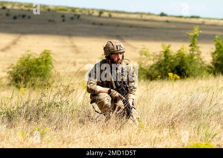 BABADAG TRAINING AREA, Romania-- un Airman assegnato al Regno Unito 140th Expeditionary Air Wing conduce la sicurezza dell'area durante la formazione per il recupero del personale con 3-227 AHB, 12 luglio 2022. La formazione regolare sull'interoperabilità con i partner e gli alleati della NATO costruisce fiducia e disponibilità, aumentando la capacità di deterrenza e difesa. Foto Stock