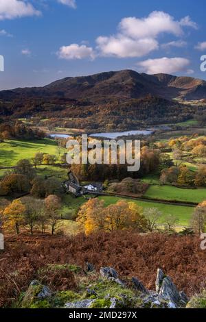 Elter Water, Wetherlam e Tilberthwaite Fells da Loughrigg caddero in autunno, Lake District National Park, Cumbria, Inghilterra, Regno Unito Foto Stock