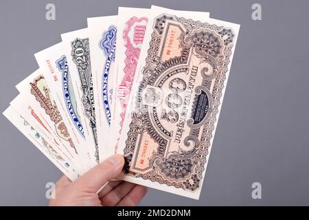 Vecchio denaro polacco - Zloty in mano su uno sfondo grigio Foto Stock