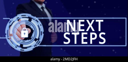 Testo che mostra l'ispirazione fasi successive. Parola per numero di processo che verrà eseguito dopo la pianificazione corrente Foto Stock