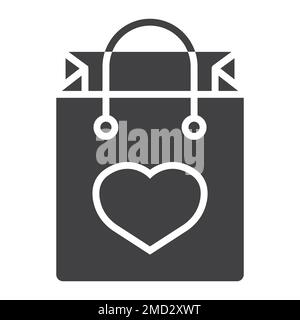 Shopping bag con icona glyph cuore, giorno di San Valentino e romantico, segno regalo grafica vettoriale, un motivo solido su sfondo bianco, eps 10. Illustrazione Vettoriale