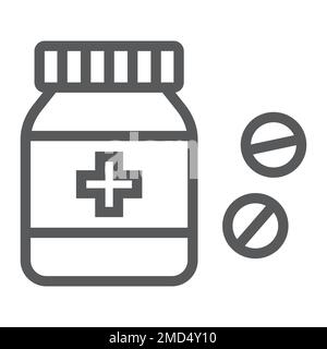 Pills bottle line icona, medico e sano, segni di farmaci grafica vettoriale, un modello lineare su sfondo bianco, eps 10. Illustrazione Vettoriale