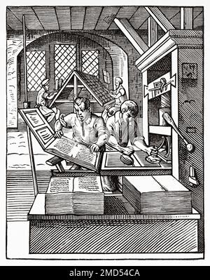 Laboratorio di stampa. All'interno di una stamperia, 16th ° secolo. Le Arti del Medioevo e al periodo del Rinascimento di Paul Lacroix, 1874 Foto Stock