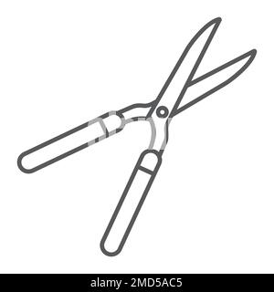 Icona a linee sottili cesoie da giardino, agricoltura, grafica vettoriale con forbici da giardino, disegno lineare su sfondo bianco, eps 10. Illustrazione Vettoriale
