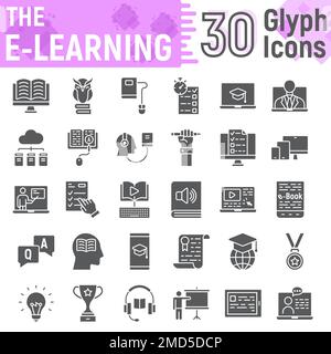 E Learning glyph icone set, online educazione simboli raccolta, schizzi vettoriali, logo illustrazioni, internet tutorial segni solido pittogrammi pacchetto isolato su sfondo bianco, eps 10. Illustrazione Vettoriale