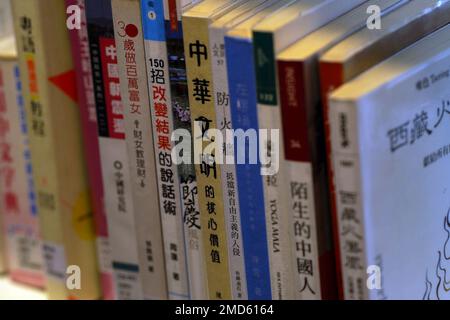 Le spine dei libri cinesi alla biblioteca centrale di Cardiff, Cardiff, Galles Foto Stock