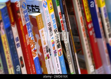 Le spine dei libri cinesi alla biblioteca centrale di Cardiff, Cardiff, Galles Foto Stock