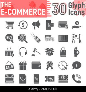 E commerce glyph icone set, collezione di simboli negozio online, schizzi vettoriali, illustrazioni logo, internet shopping segni solido pittogrammi pacchetto isolato su sfondo bianco, eps 10. Illustrazione Vettoriale