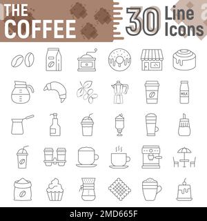 Set icone linea sottile caffè, collezione di simboli bar, schizzi vettoriali, illustrazioni logo, confezione di pittogrammi lineari segni dolci isolato su sfondo bianco, eps 10. Illustrazione Vettoriale