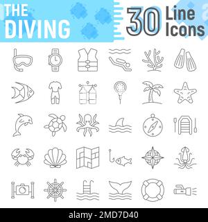 Scuba diving set di icone linea sottile, collezione di simboli subacquei, schizzi vettoriali, illustrazioni logo, cartelloni marini pacchetto pittogrammi lineari isolato su sfondo bianco, eps 10. Illustrazione Vettoriale