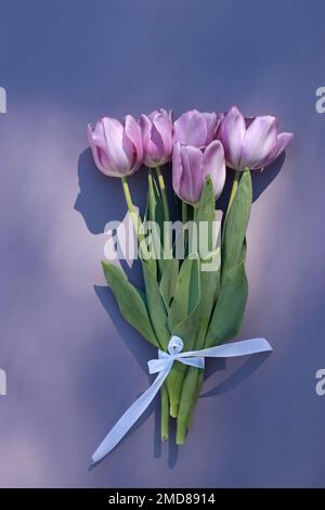 bel bouquet di tulipani viola su sfondo viola con spazio copia Foto Stock