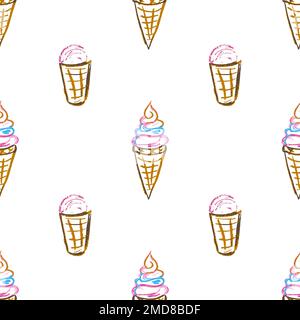Dolcetti senza cuciture. Disegni per bambini con pastelli in cera. Gelato, dessert. Stampa per design in tessuto, tessuto, carta da parati Illustrazione Vettoriale
