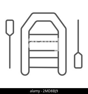 Barca gonfiabile con peddles icona linea sottile, immersioni e sott'acqua, barca di gomma segno grafica vettoriale, un motivo lineare su sfondo bianco, eps 10. Illustrazione Vettoriale