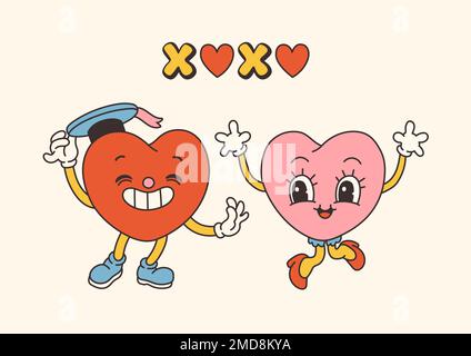 Retro Groovy San Valentino personaggi con slogan sull'amore. Stile cartoon 70s alla moda. Cartolina, cartolina, vettore di stampa Illustrazione Vettoriale