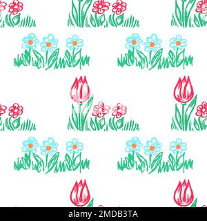 Motivo senza cuciture Girly. Disegni per bambini con pastelli in cera. Fiore umore, fiori. Stampa per panno Illustrazione Vettoriale