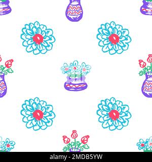 Motivo floreale senza cuciture. Disegni per bambini con pastelli in cera. Fiori in vaso. Stampa per disegno di stoffa, tessile Illustrazione Vettoriale