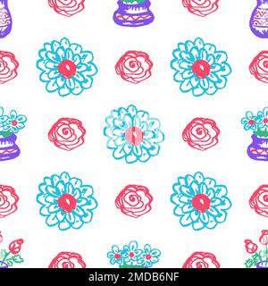 Motivo floreale senza cuciture. Disegni per bambini con pastelli in cera. Fiori in vaso. Stampa per disegno di stoffa, tessuto, tessuto Illustrazione Vettoriale