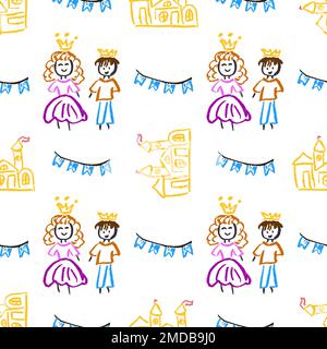 Modello da favola senza cuciture. Principessa, principe. Disegni per bambini con pastelli in cera. Stampa per design in tessuto, tessuto, carta da parati, carta da imballaggio Illustrazione Vettoriale