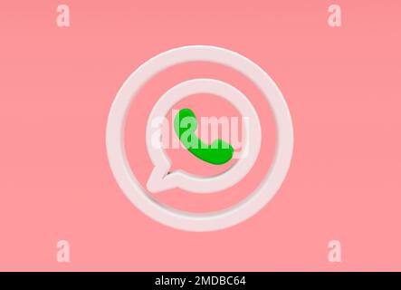 whatsapp icona 3D illustrazione rendering minimo su sfondo rosa Bud. Foto Stock