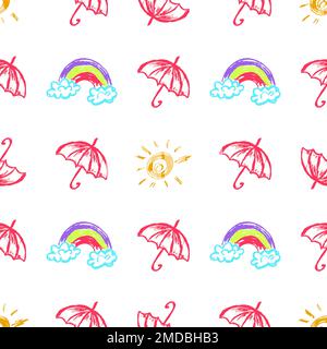 Ombrelli modello senza cuciture. Disegni per bambini con pastelli in cera. Arcobaleno. Stampa per design in tessuto, tessuto, carta da parati, fasciatura Illustrazione Vettoriale