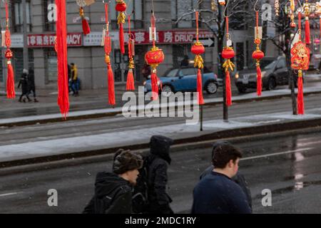 Toronto, Ontario, Canada. 23rd Jan, 2023. I proprietari di piccole imprese appendono lanterne tradizionali per celebrare il Capodanno lunare il primo giorno dell'anno del coniglio a Chinatown di TorontoÃ¢â‚¬â„¢domenica 22 gennaio 2023. (Credit Image: © Winston Tang/ZUMA Press Wire) SOLO PER USO EDITORIALE! Non per USO commerciale! Credit: ZUMA Press, Inc./Alamy Live News Credit: ZUMA Press, Inc./Alamy Live News Foto Stock