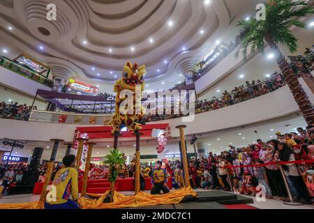 Bogor, Indonesia. 22nd Jan, 2023. Uno spettacolo di danza del leone intrattiene i visitatori durante i festeggiamenti del Capodanno lunare in un centro commerciale a Bogor, Giava Occidentale, Indonesia, il 22 gennaio 2023. (Foto di ANDI M RIDWAN/ INA PHOTO AGENCY/ Credit: Sipa USA/Alamy Live News Foto Stock