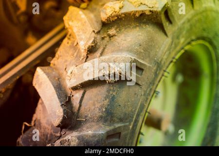 Battistrada in gomma volumetrico su un primo piano delle ruote del trattore. Battistrada di fango per una maggiore flottazione sulle macchine agricole Foto Stock